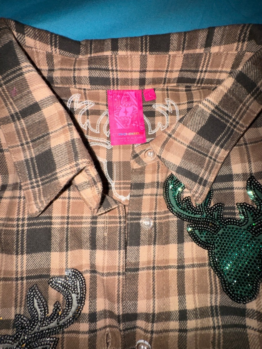 Queen of Sparkles- Plaid Sequin Deer Sequins- Button-Up Shirt - Brown/Black